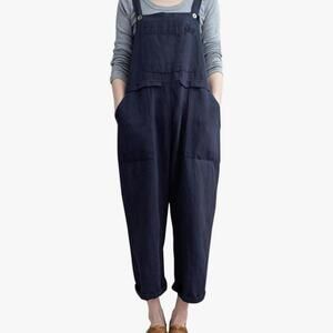 Navy Blue Linen Casual Overalls with Adjustable Straps